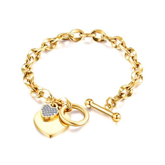 3/$35 Gold Plated Heart Charm Chain Toggle Bracelet Rhinestone Steel Diamond - Picture 4 of 7
